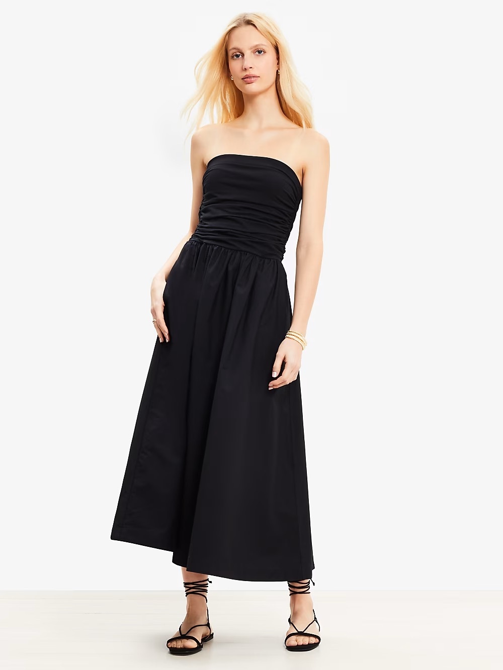 NWT – LOFT Strapless Poplin Mixed Media Pocket Dress – Petite Medium